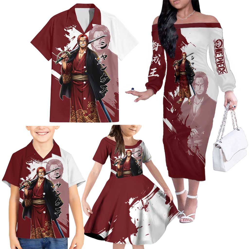One Piece Shanks Red Hair Family Matching Off The Shoulder Long Sleeve Dress and Hawaiian Shirt Japanese Anime Graphic