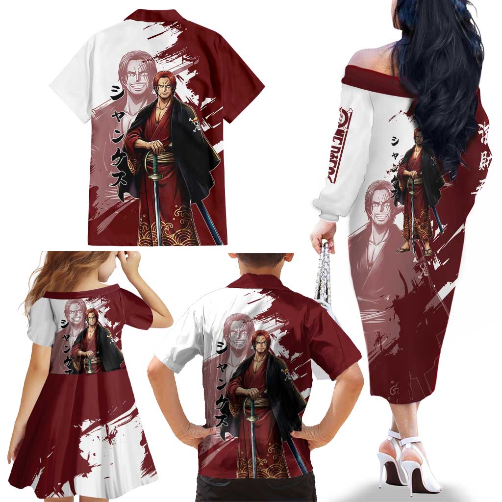 One Piece Shanks Red Hair Family Matching Off The Shoulder Long Sleeve Dress and Hawaiian Shirt Japanese Anime Graphic