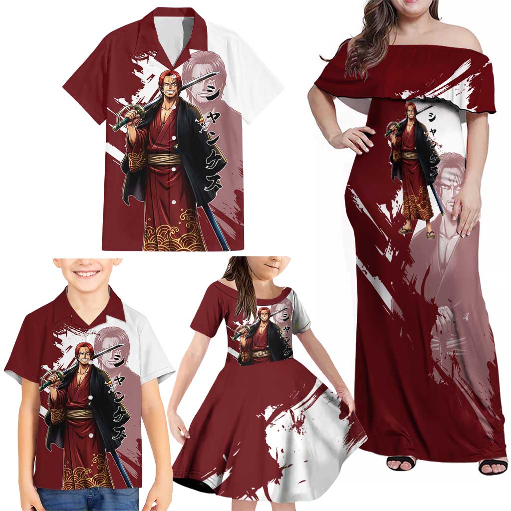 One Piece Shanks Red Hair Family Matching Off Shoulder Maxi Dress and Hawaiian Shirt Japanese Anime Graphic