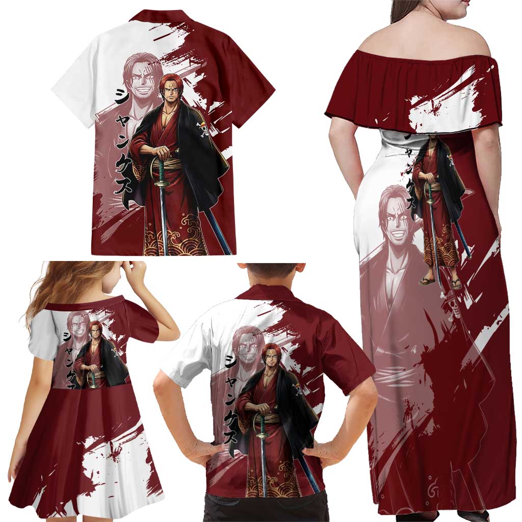 One Piece Shanks Red Hair Family Matching Off Shoulder Maxi Dress and Hawaiian Shirt Japanese Anime Graphic