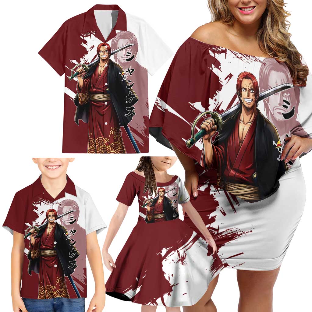 One Piece Shanks Red Hair Family Matching Off Shoulder Short Dress and Hawaiian Shirt Japanese Anime Graphic