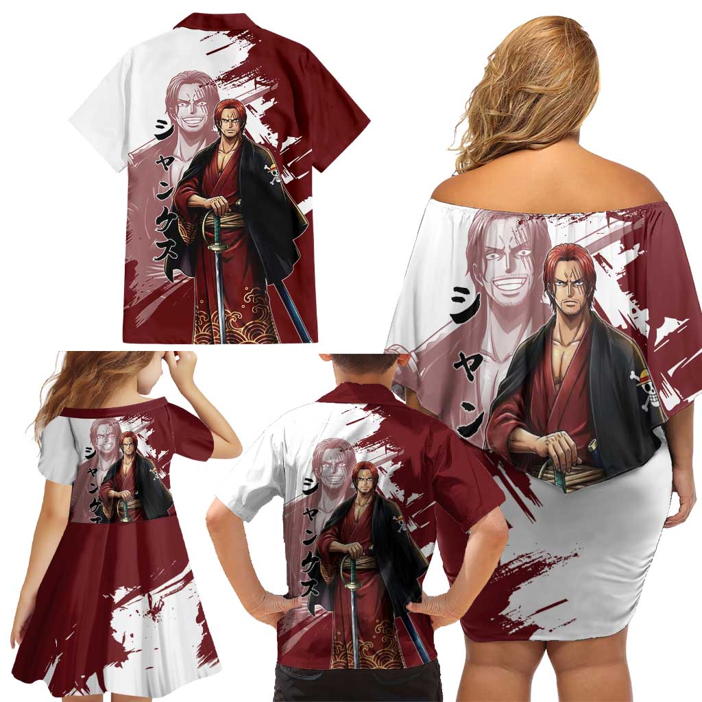 One Piece Shanks Red Hair Family Matching Off Shoulder Short Dress and Hawaiian Shirt Japanese Anime Graphic