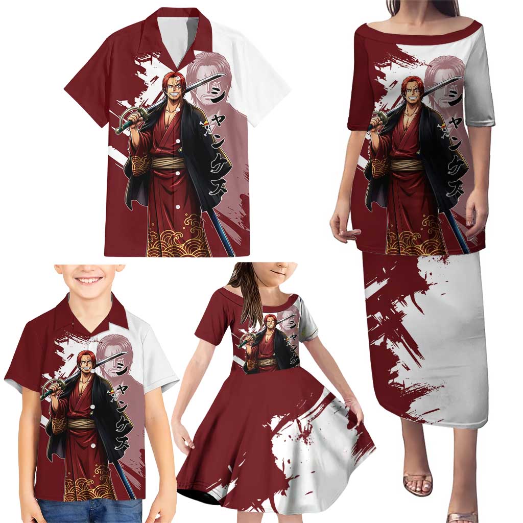 One Piece Shanks Red Hair Family Matching Puletasi and Hawaiian Shirt Japanese Anime Graphic