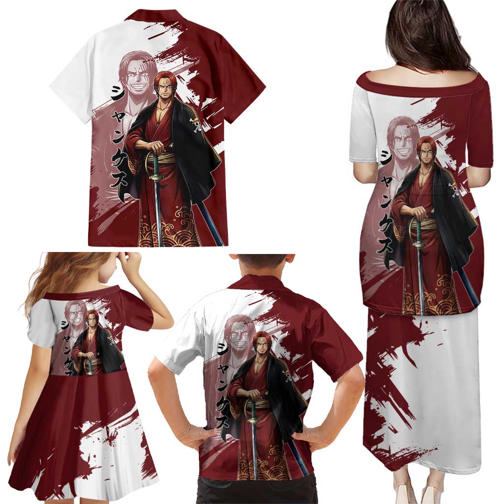 One Piece Shanks Red Hair Family Matching Puletasi and Hawaiian Shirt Japanese Anime Graphic