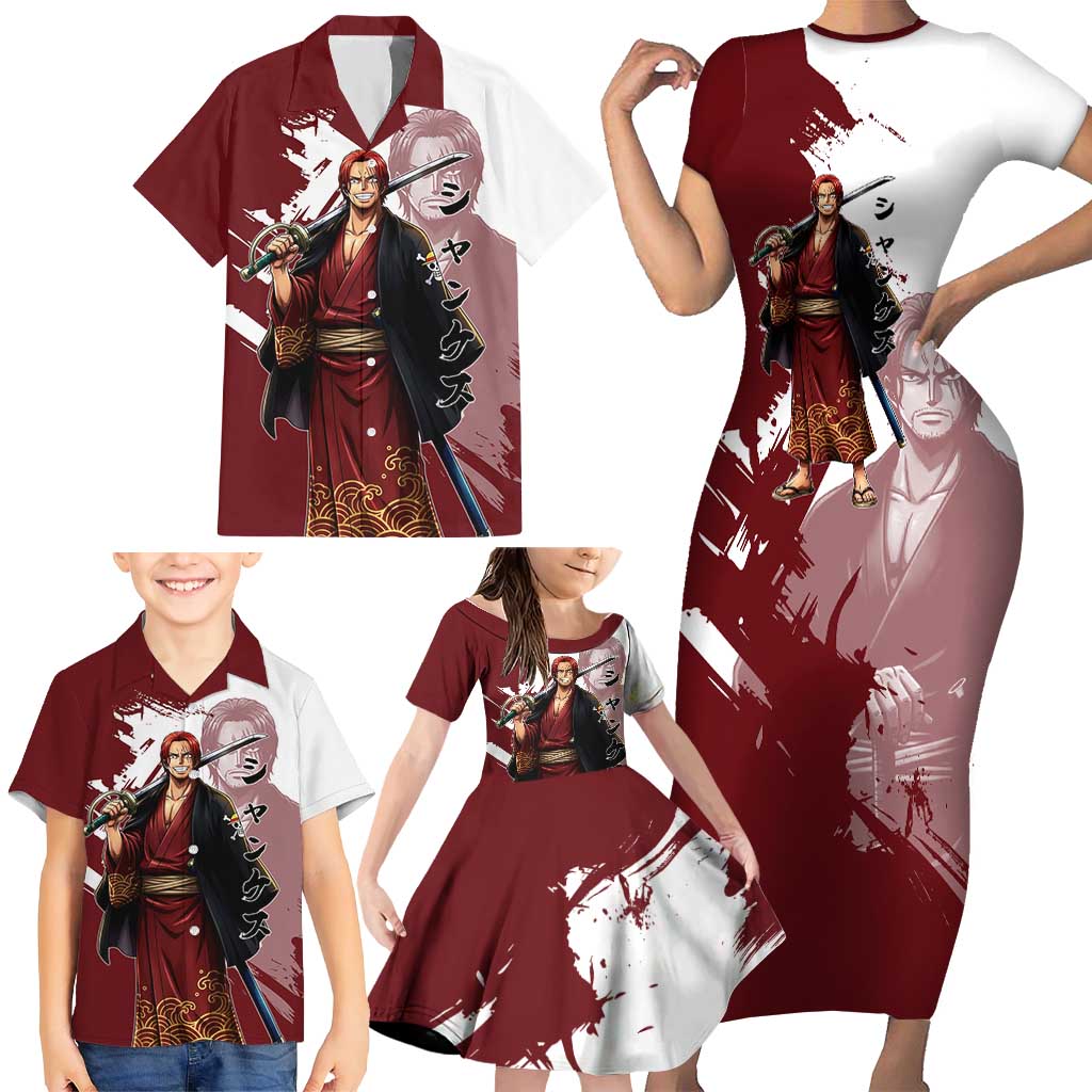 One Piece Shanks Red Hair Family Matching Short Sleeve Bodycon Dress and Hawaiian Shirt Japanese Anime Graphic