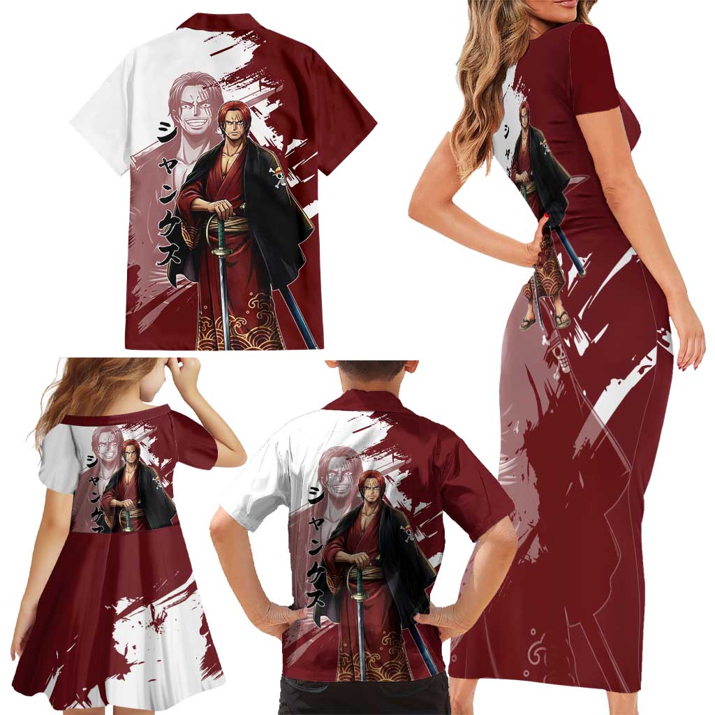One Piece Shanks Red Hair Family Matching Short Sleeve Bodycon Dress and Hawaiian Shirt Japanese Anime Graphic
