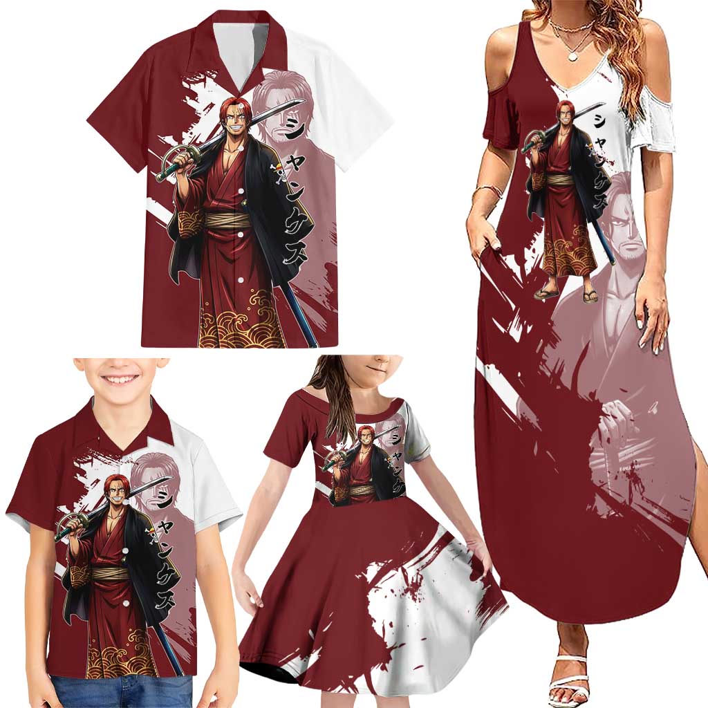 One Piece Shanks Red Hair Family Matching Summer Maxi Dress and Hawaiian Shirt Japanese Anime Graphic