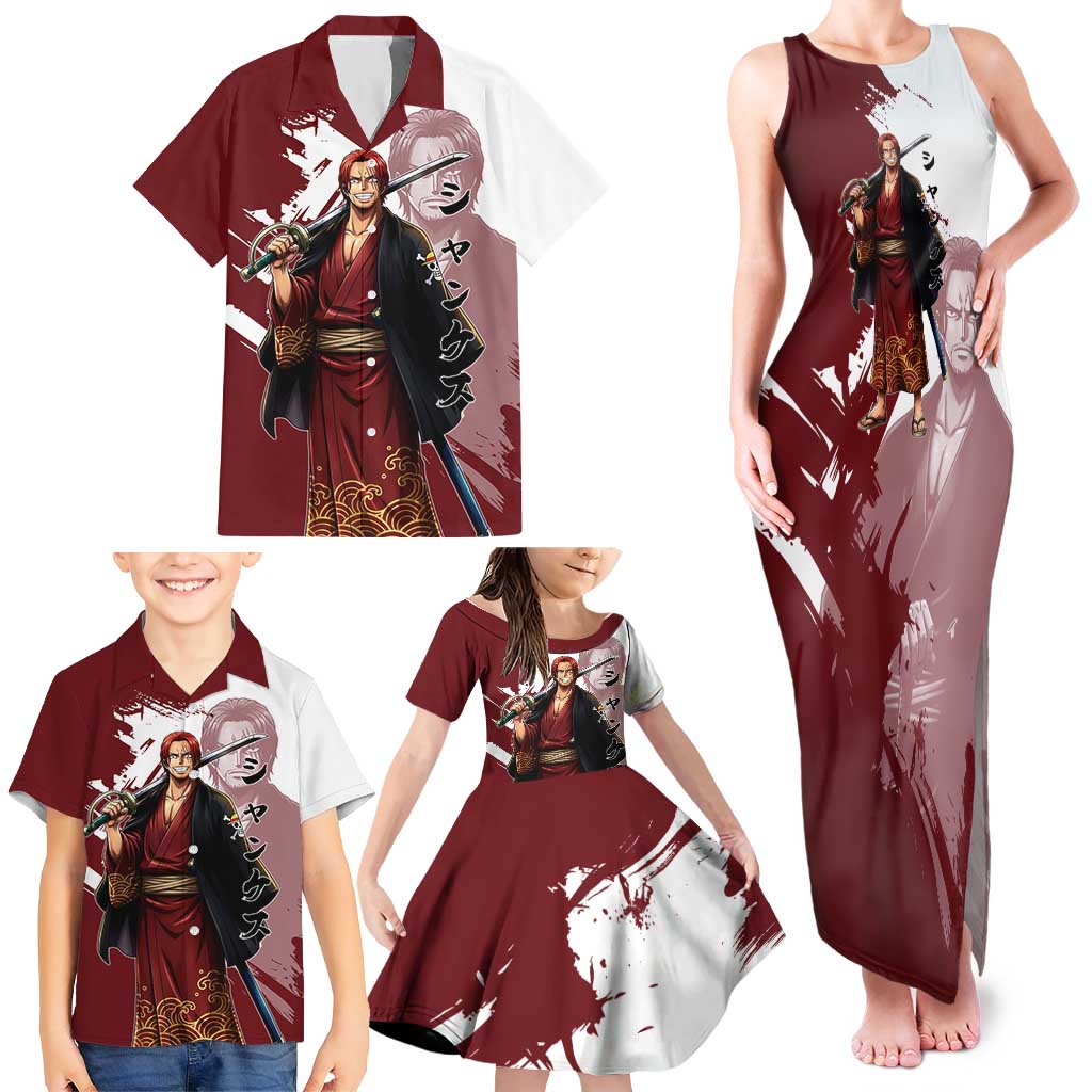 One Piece Shanks Red Hair Family Matching Tank Maxi Dress and Hawaiian Shirt Japanese Anime Graphic