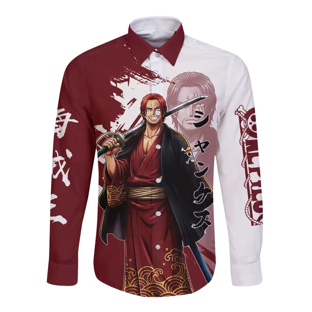 One Piece Shanks Red Hair Long Sleeve Button Shirt Japanese Anime Graphic