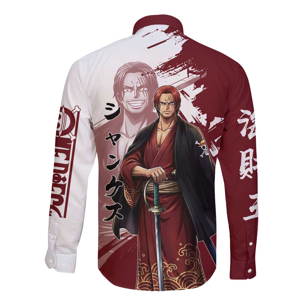 One Piece Shanks Red Hair Long Sleeve Button Shirt Japanese Anime Graphic
