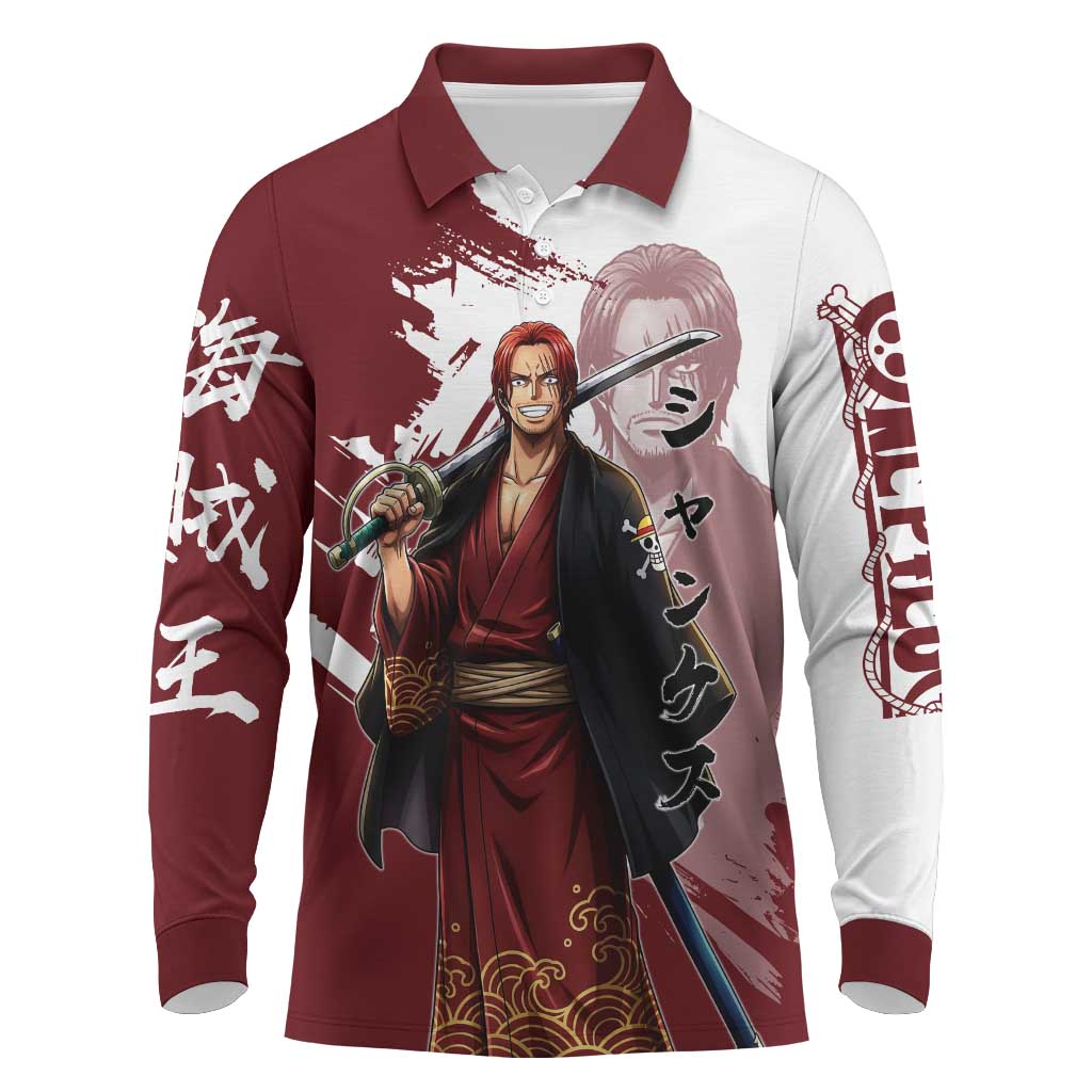 One Piece Shanks Red Hair Long Sleeve Polo Shirt Japanese Anime Graphic