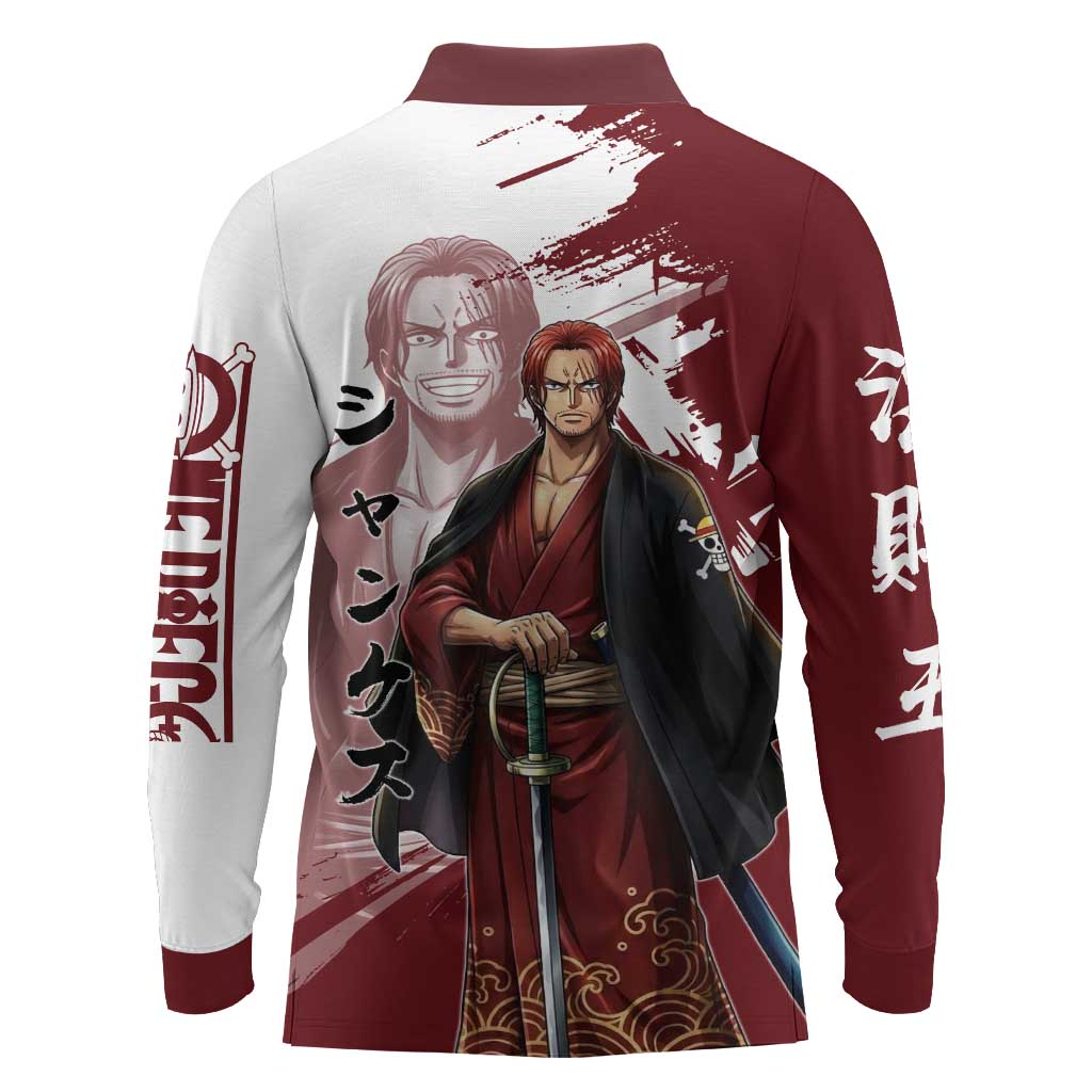 One Piece Shanks Red Hair Long Sleeve Polo Shirt Japanese Anime Graphic