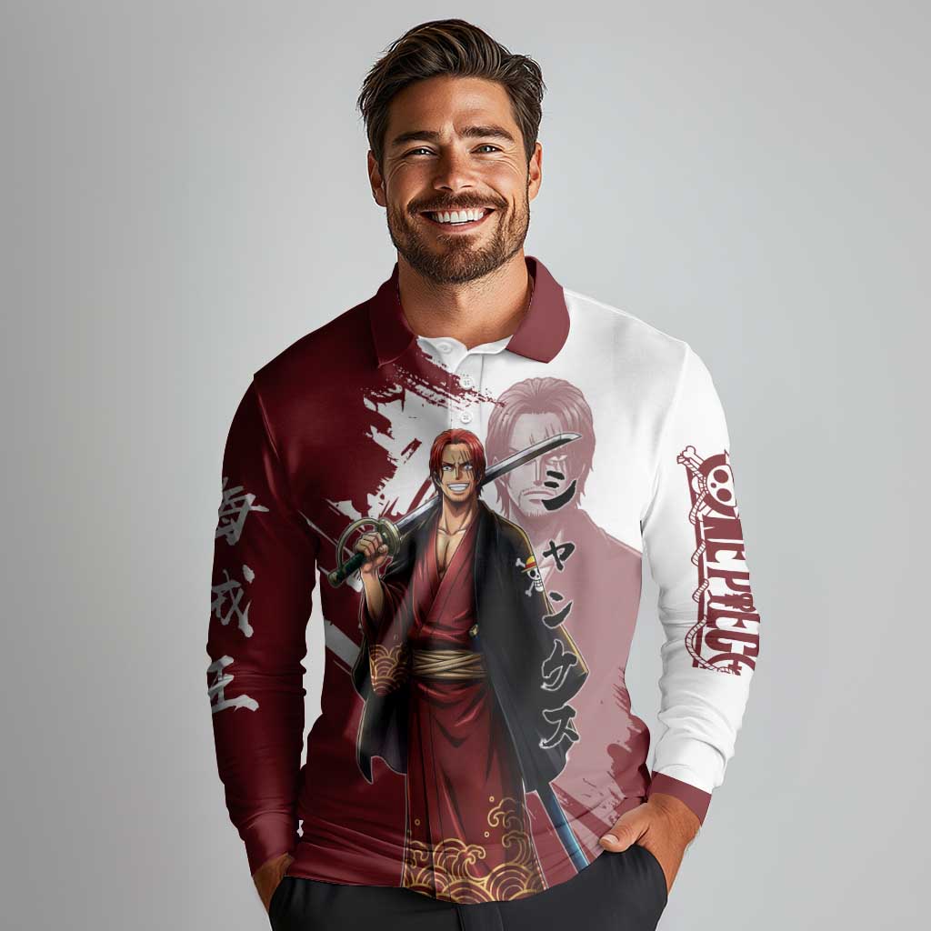 One Piece Shanks Red Hair Long Sleeve Polo Shirt Japanese Anime Graphic