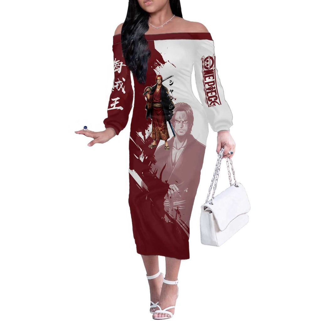 One Piece Shanks Red Hair Off The Shoulder Long Sleeve Dress Japanese Anime Graphic