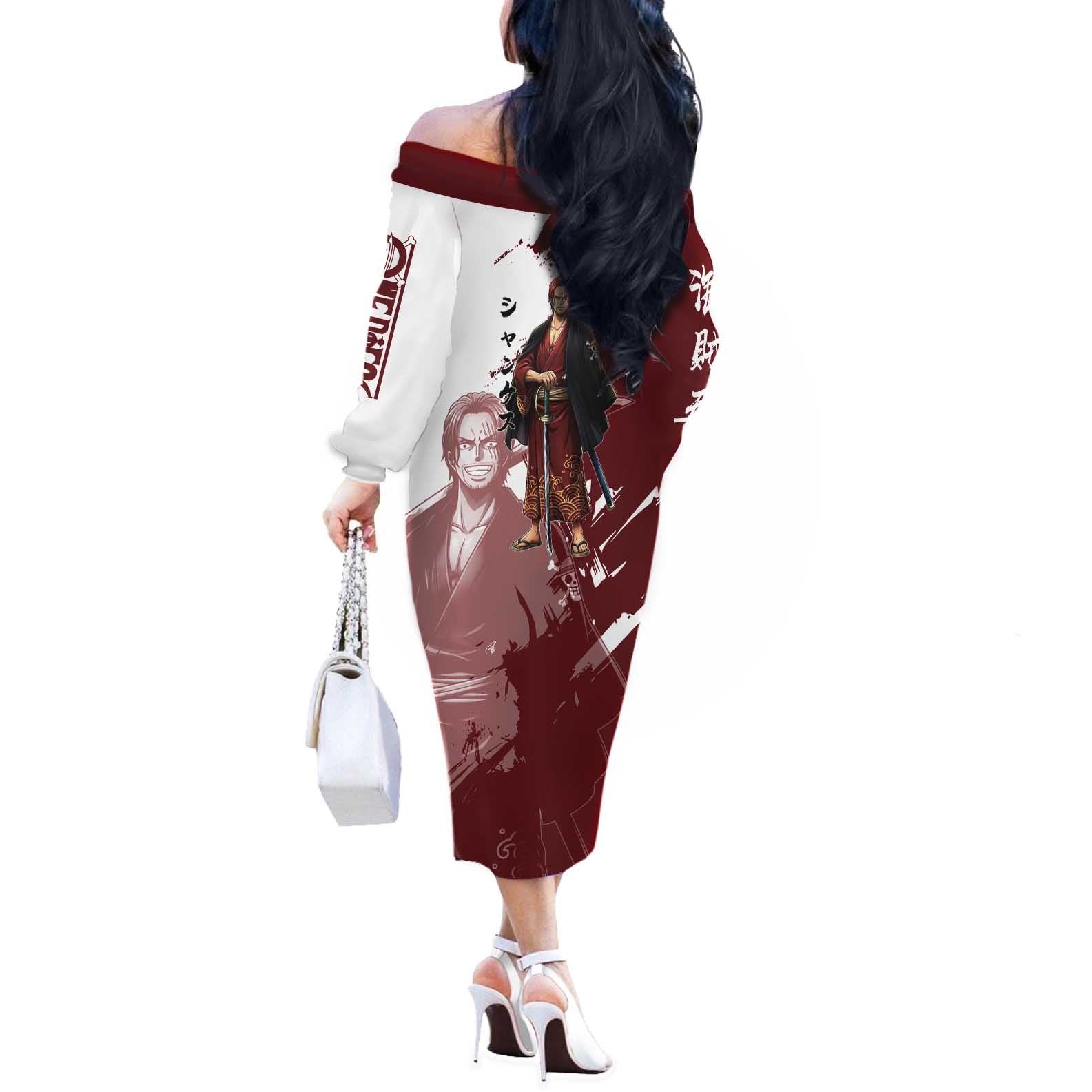 One Piece Shanks Red Hair Off The Shoulder Long Sleeve Dress Japanese Anime Graphic