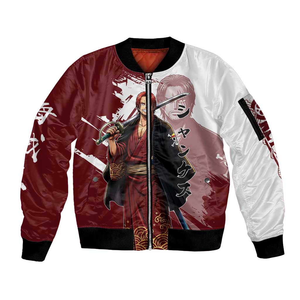 One Piece Shanks Red Hair Sleeve Zip Bomber Jacket Japanese Anime Graphic