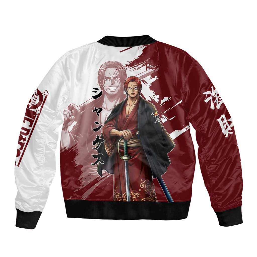 One Piece Shanks Red Hair Sleeve Zip Bomber Jacket Japanese Anime Graphic