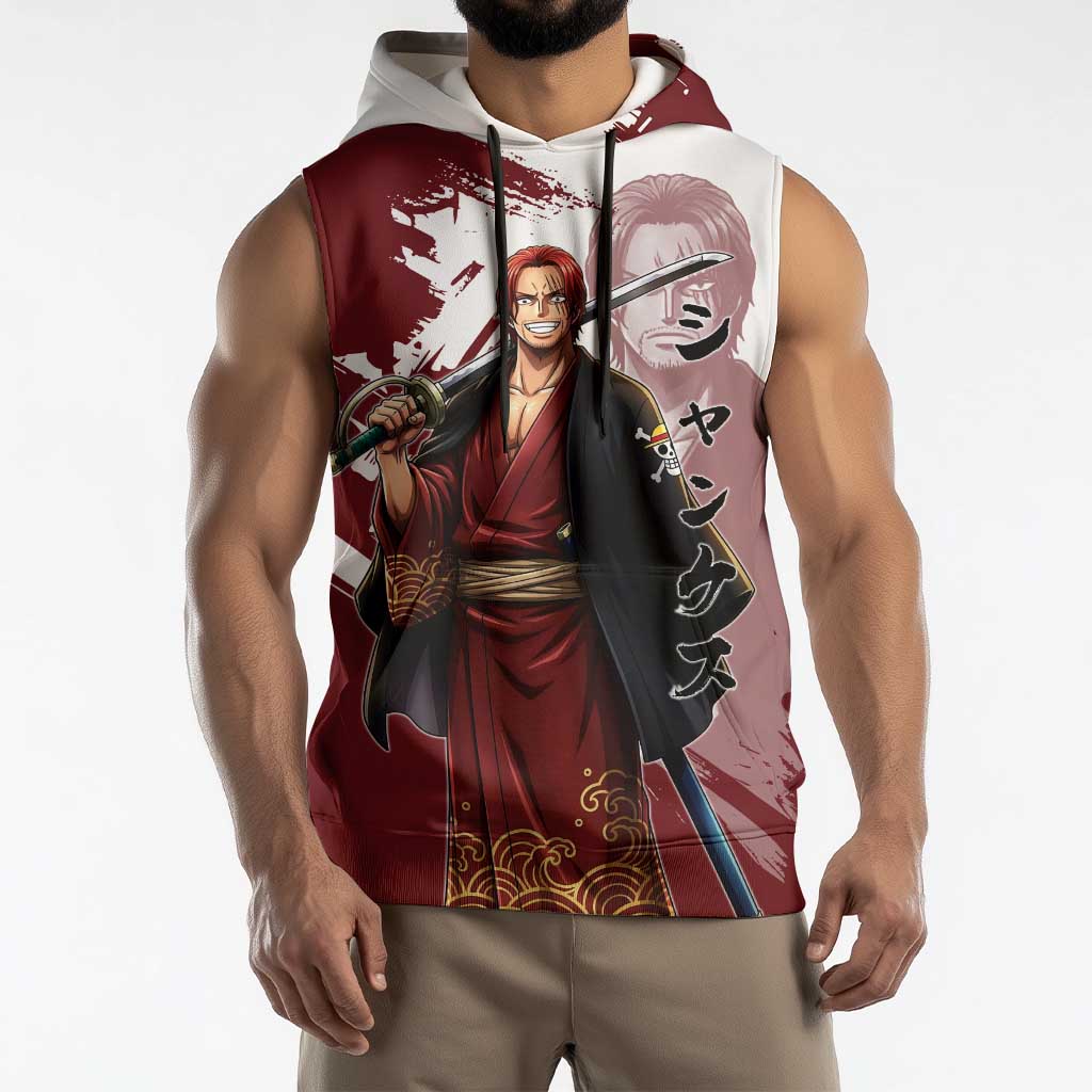 One Piece Shanks Red Hair Sleeveless Hoodie Japanese Anime Graphic