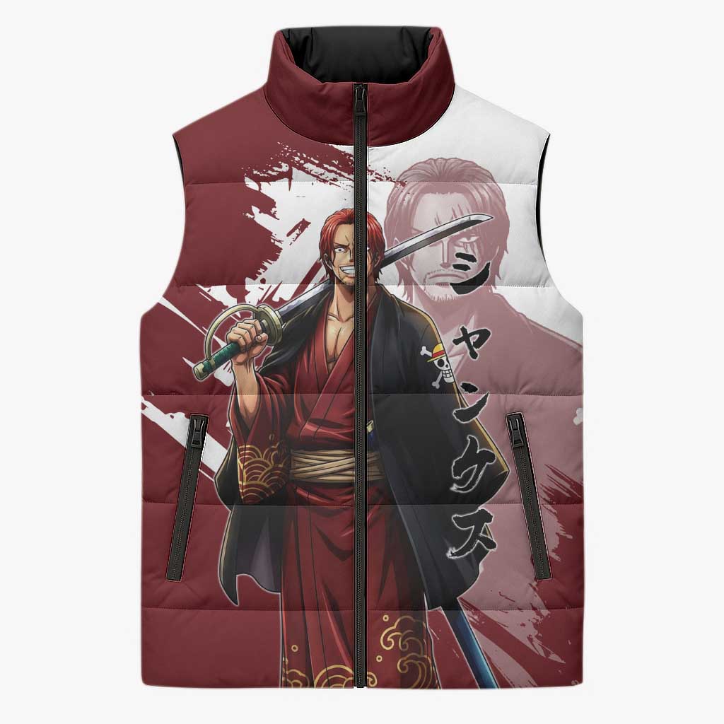 One Piece Shanks Red Hair Sleeveless Puffer Jacket Japanese Anime Graphic