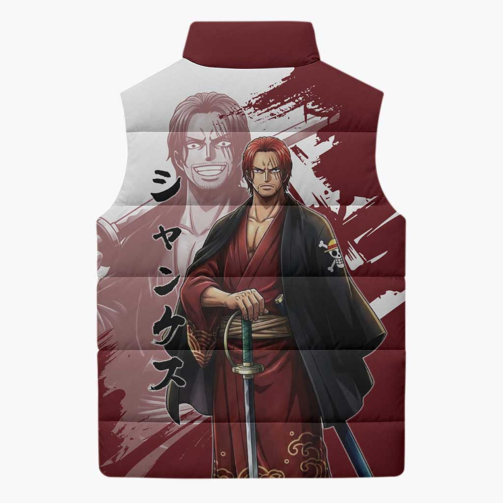 One Piece Shanks Red Hair Sleeveless Puffer Jacket Japanese Anime Graphic