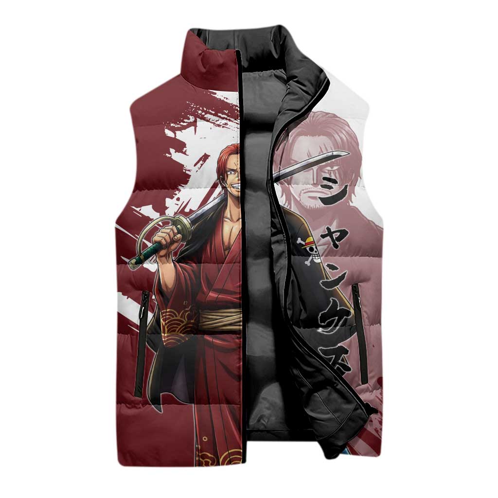 One Piece Shanks Red Hair Sleeveless Puffer Jacket Japanese Anime Graphic