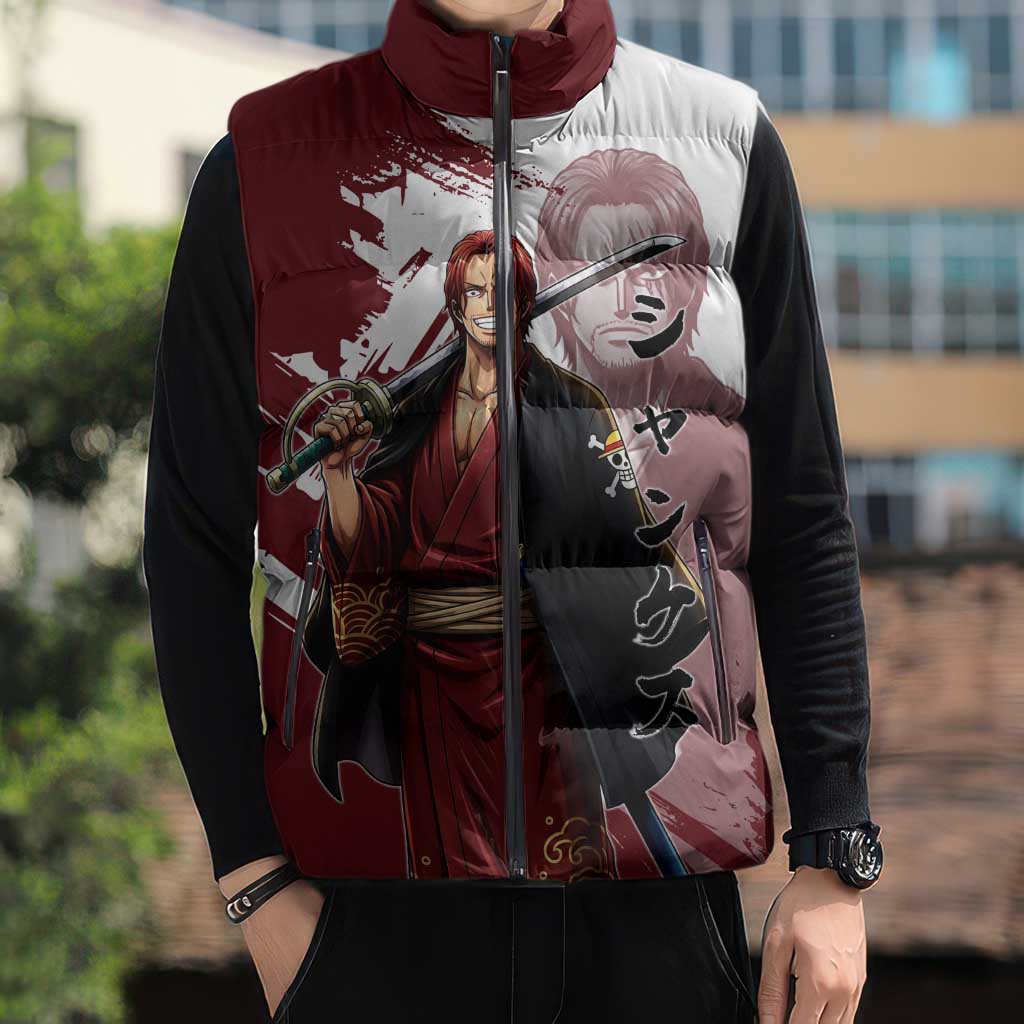 One Piece Shanks Red Hair Sleeveless Puffer Jacket Japanese Anime Graphic