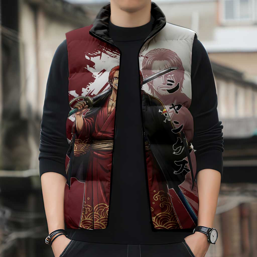 One Piece Shanks Red Hair Sleeveless Puffer Jacket Japanese Anime Graphic