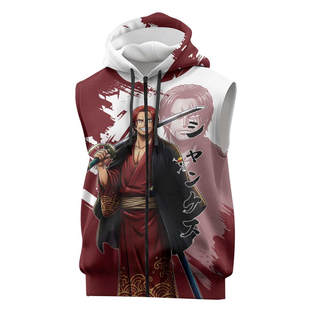 One Piece Shanks Red Hair Sleeveless Zip Hoodie Japanese Anime Graphic