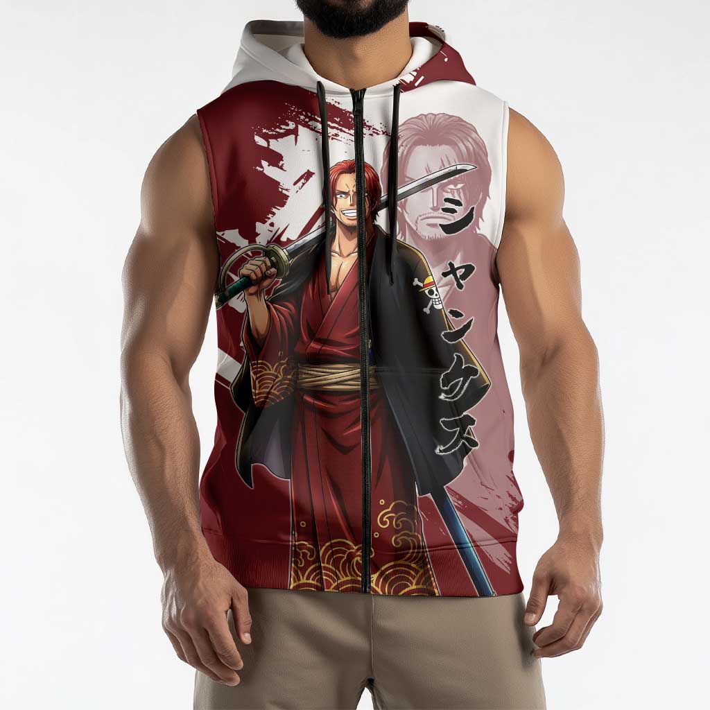 One Piece Shanks Red Hair Sleeveless Zip Hoodie Japanese Anime Graphic