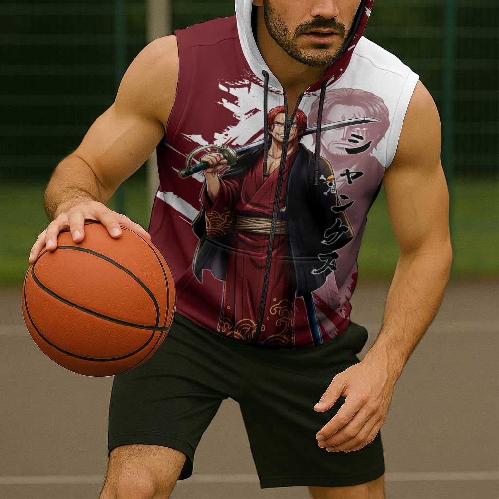 One Piece Shanks Red Hair Sleeveless Zip Hoodie Japanese Anime Graphic