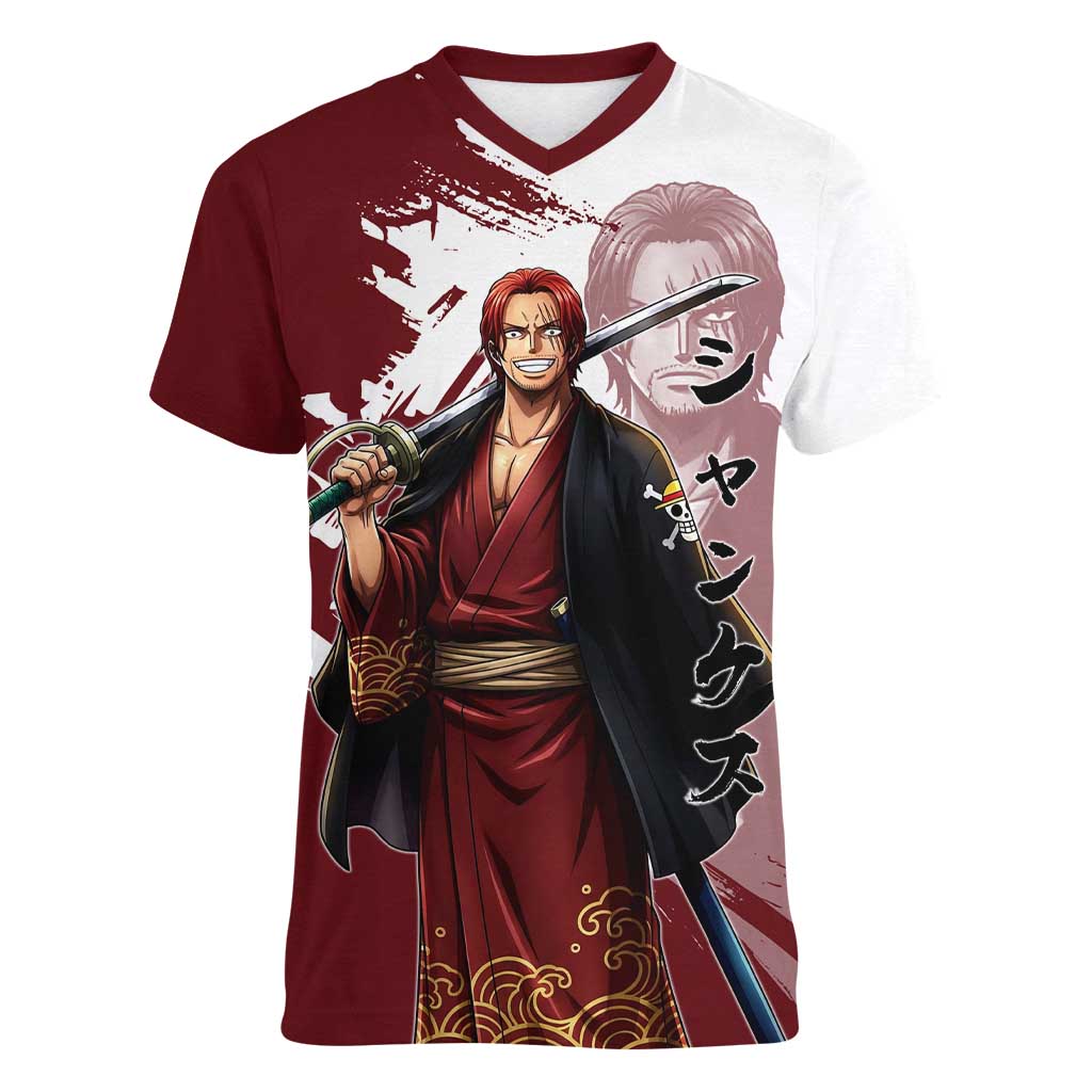 One Piece Shanks Red Hair Women V-Neck T-Shirt Japanese Anime Graphic