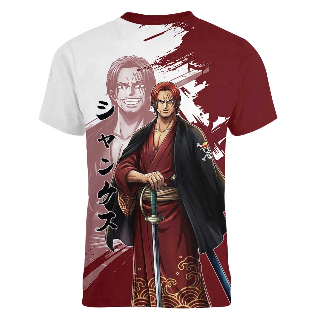 One Piece Shanks Red Hair Women V-Neck T-Shirt Japanese Anime Graphic