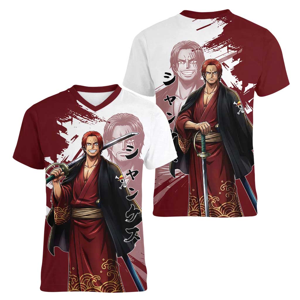 One Piece Shanks Red Hair Women V-Neck T-Shirt Japanese Anime Graphic
