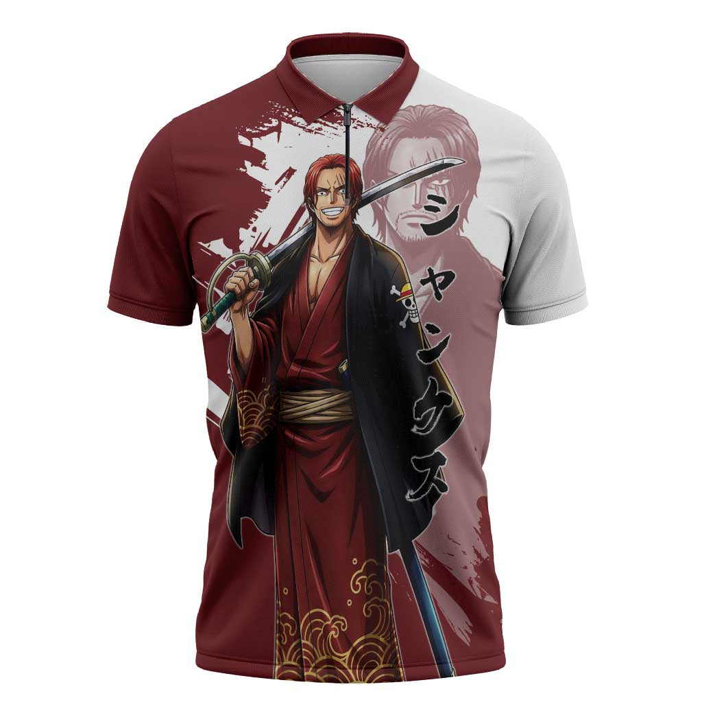 One Piece Shanks Red Hair Zipper Polo Shirt Japanese Anime Graphic