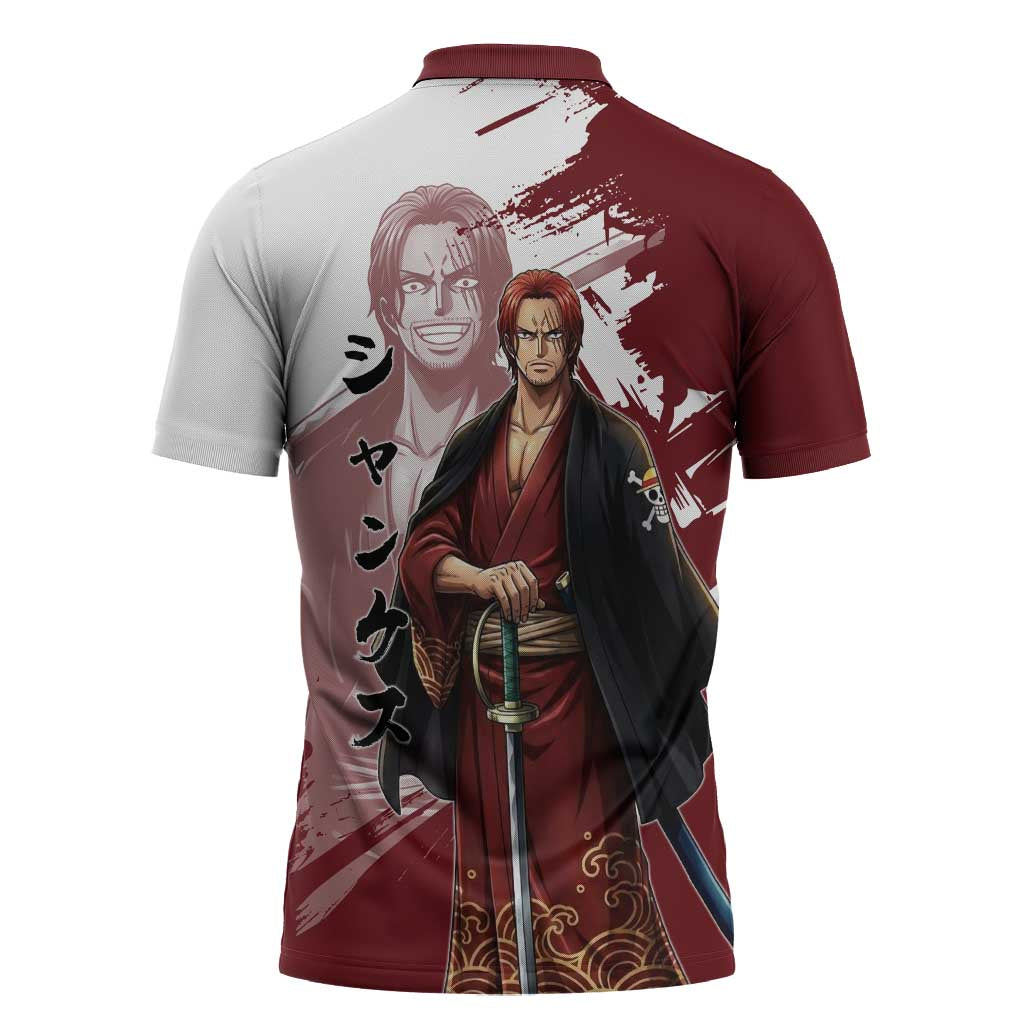 One Piece Shanks Red Hair Zipper Polo Shirt Japanese Anime Graphic