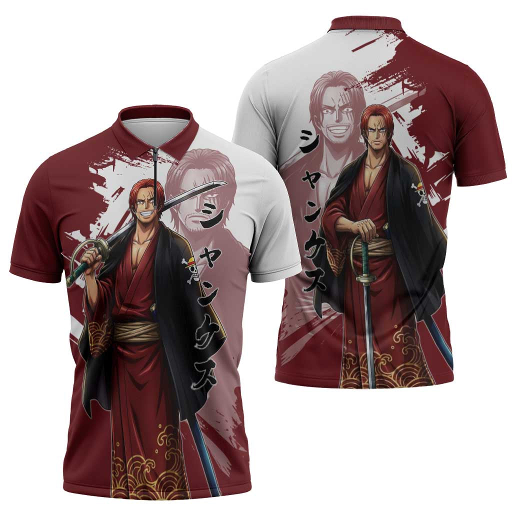 One Piece Shanks Red Hair Zipper Polo Shirt Japanese Anime Graphic