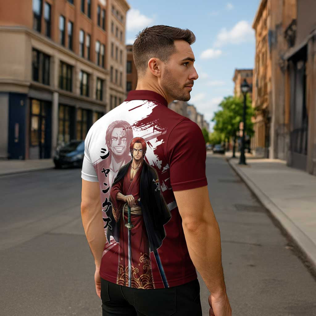 One Piece Shanks Red Hair Zipper Polo Shirt Japanese Anime Graphic