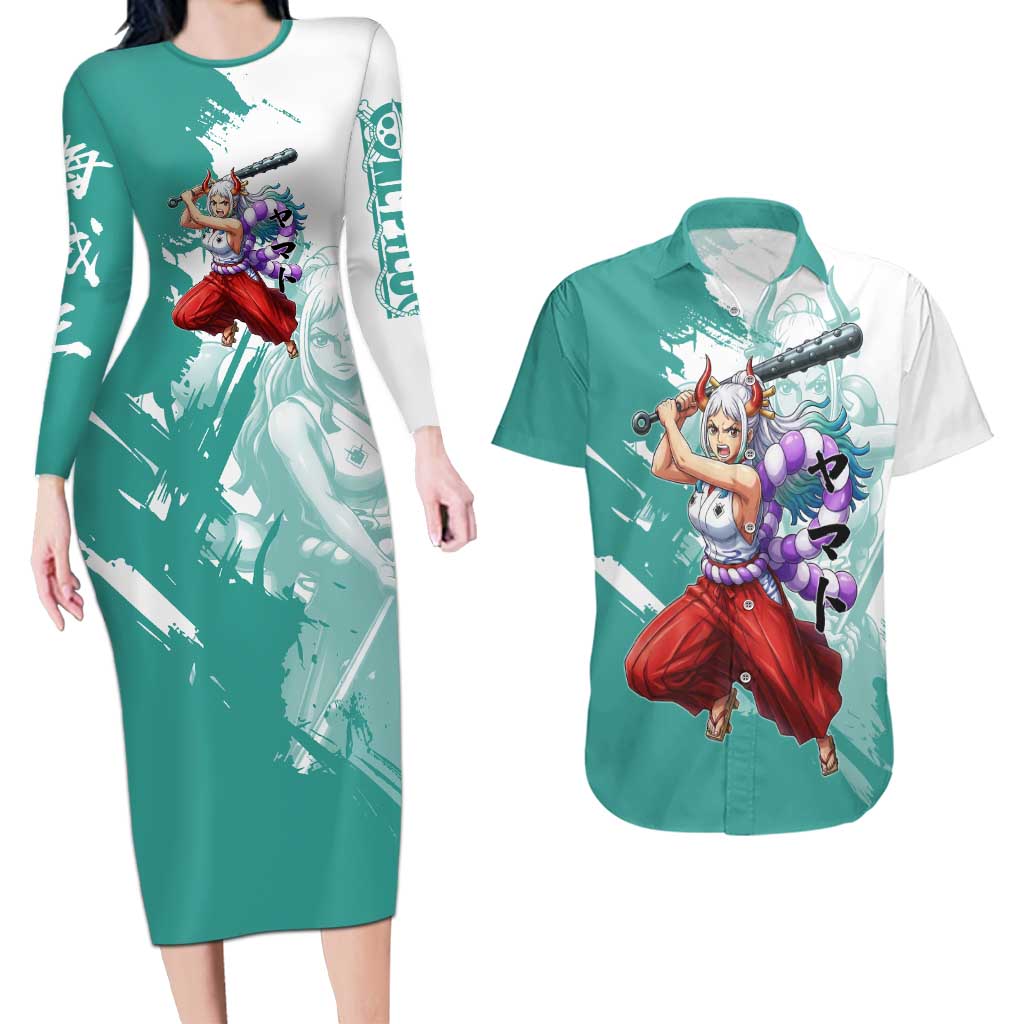 Yamato Oni Warrior One Piece Couples Matching Long Sleeve Bodycon Dress and Hawaiian Shirt Japanese Anime Manga Graphic