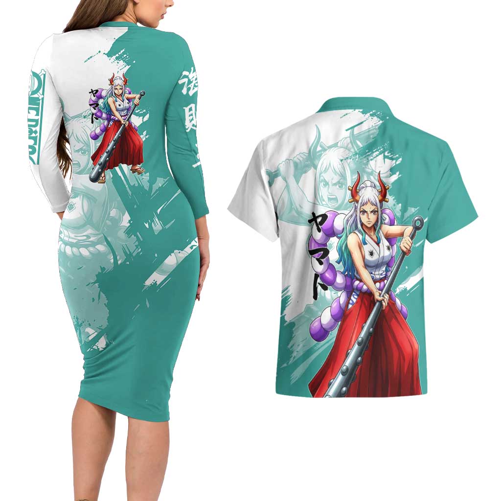 Yamato Oni Warrior One Piece Couples Matching Long Sleeve Bodycon Dress and Hawaiian Shirt Japanese Anime Manga Graphic