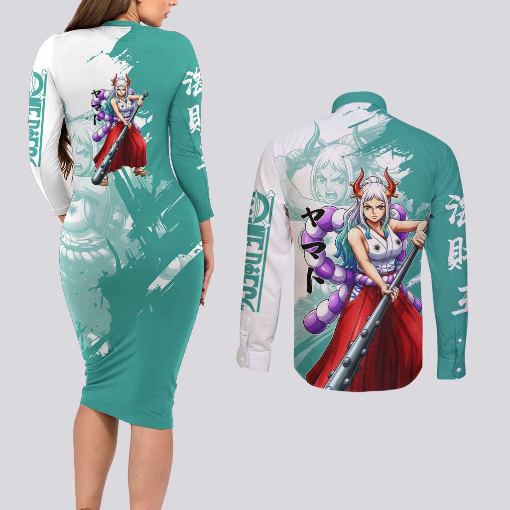 Yamato Oni Warrior One Piece Couples Matching Long Sleeve Bodycon Dress and Long Sleeve Button Shirt Japanese Anime Manga Graphic