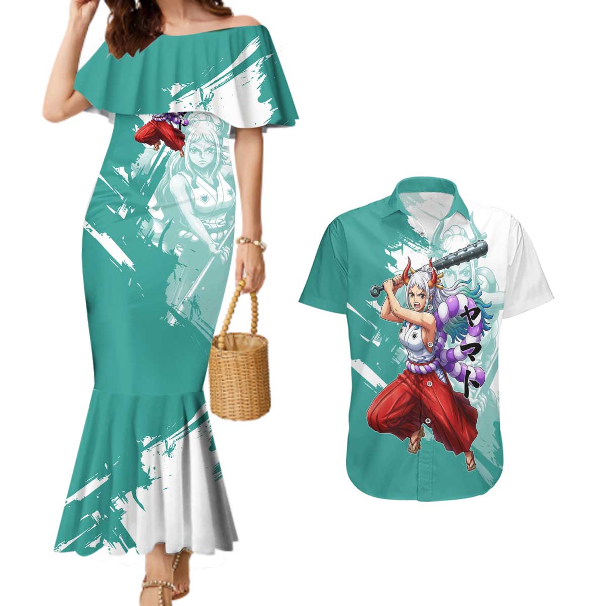 Yamato Oni Warrior One Piece Couples Matching Mermaid Dress and Hawaiian Shirt Japanese Anime Manga Graphic