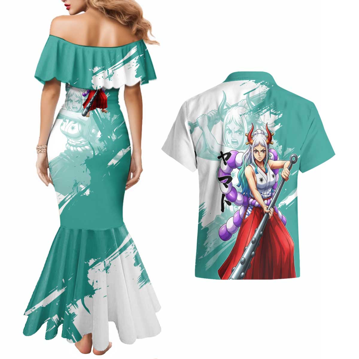 Yamato Oni Warrior One Piece Couples Matching Mermaid Dress and Hawaiian Shirt Japanese Anime Manga Graphic