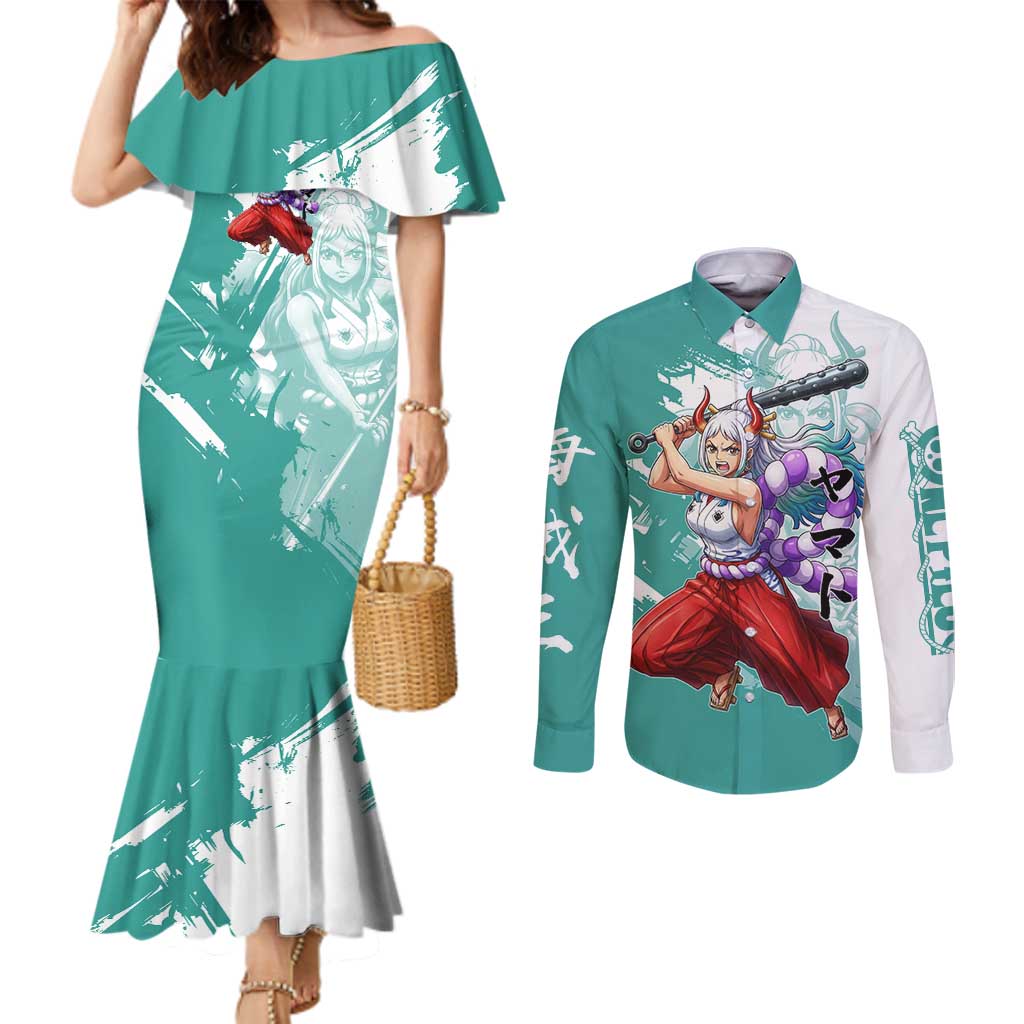 Yamato Oni Warrior One Piece Couples Matching Mermaid Dress and Long Sleeve Button Shirt Japanese Anime Manga Graphic