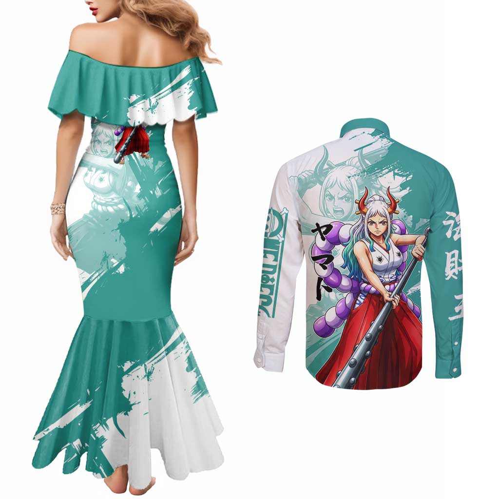 Yamato Oni Warrior One Piece Couples Matching Mermaid Dress and Long Sleeve Button Shirt Japanese Anime Manga Graphic