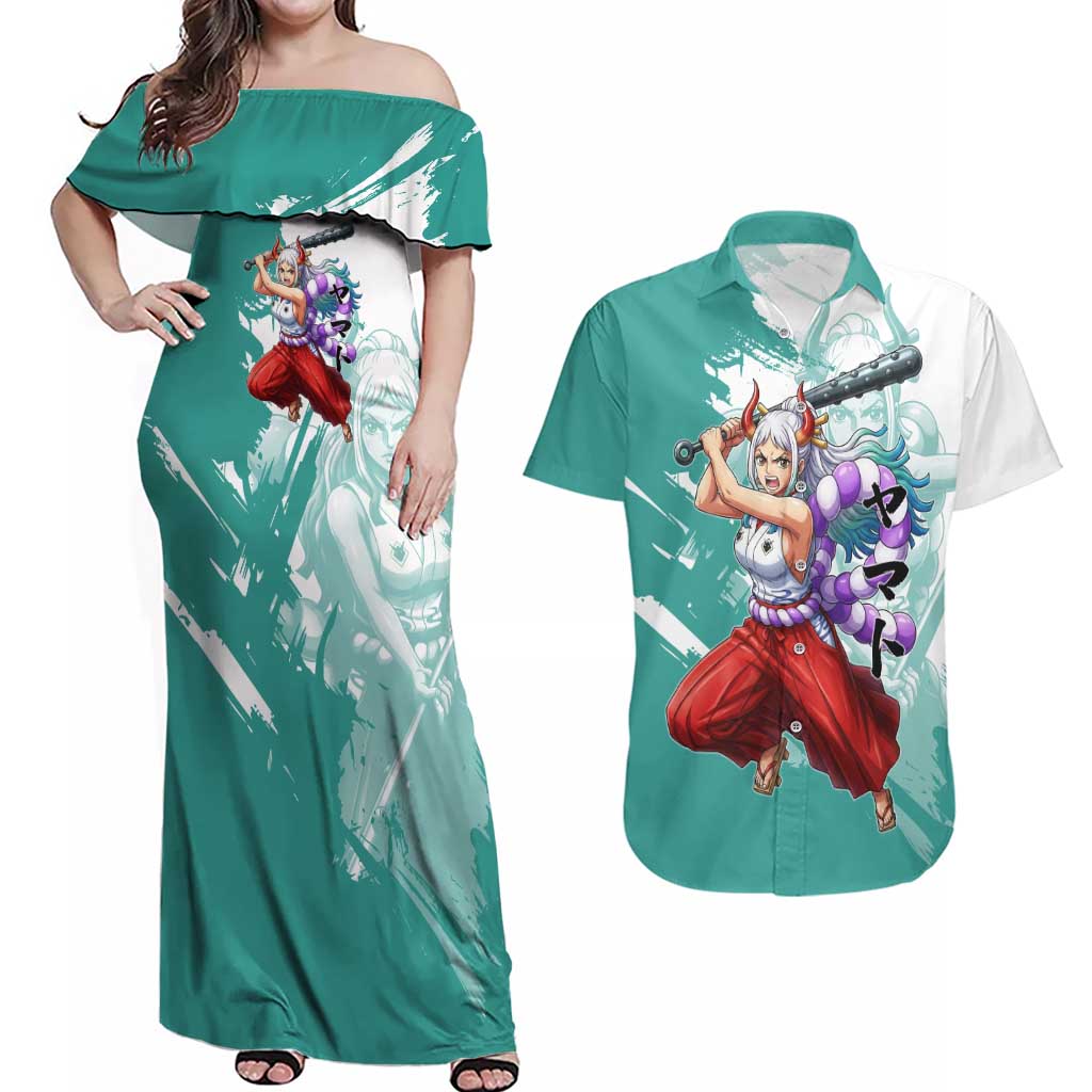 Yamato Oni Warrior One Piece Couples Matching Off Shoulder Maxi Dress and Hawaiian Shirt Japanese Anime Manga Graphic