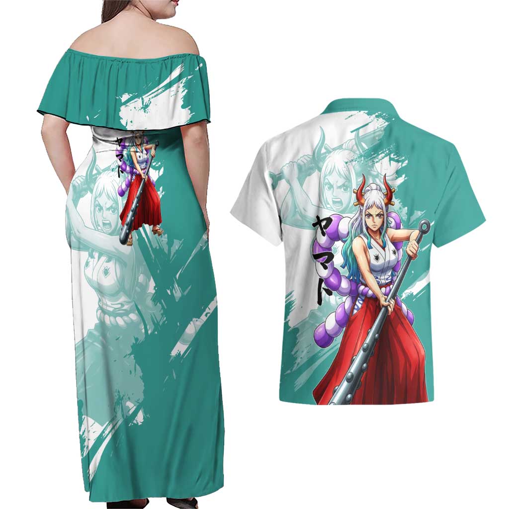Yamato Oni Warrior One Piece Couples Matching Off Shoulder Maxi Dress and Hawaiian Shirt Japanese Anime Manga Graphic