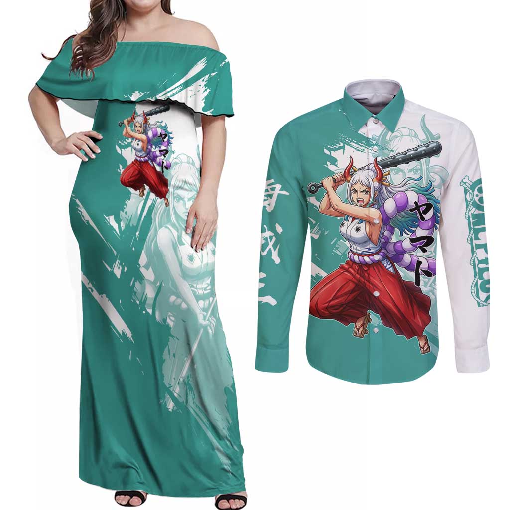 Yamato Oni Warrior One Piece Couples Matching Off Shoulder Maxi Dress and Long Sleeve Button Shirt Japanese Anime Manga Graphic