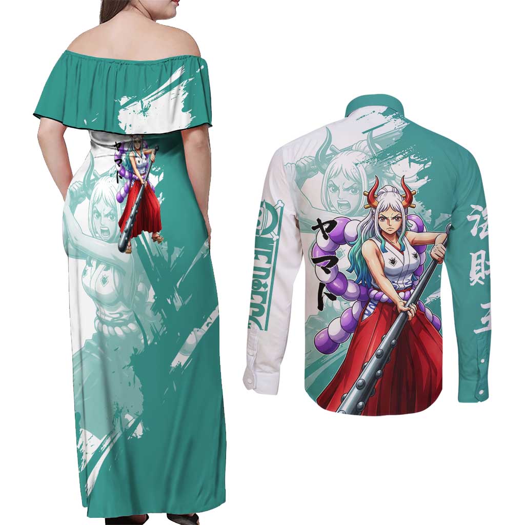 Yamato Oni Warrior One Piece Couples Matching Off Shoulder Maxi Dress and Long Sleeve Button Shirt Japanese Anime Manga Graphic