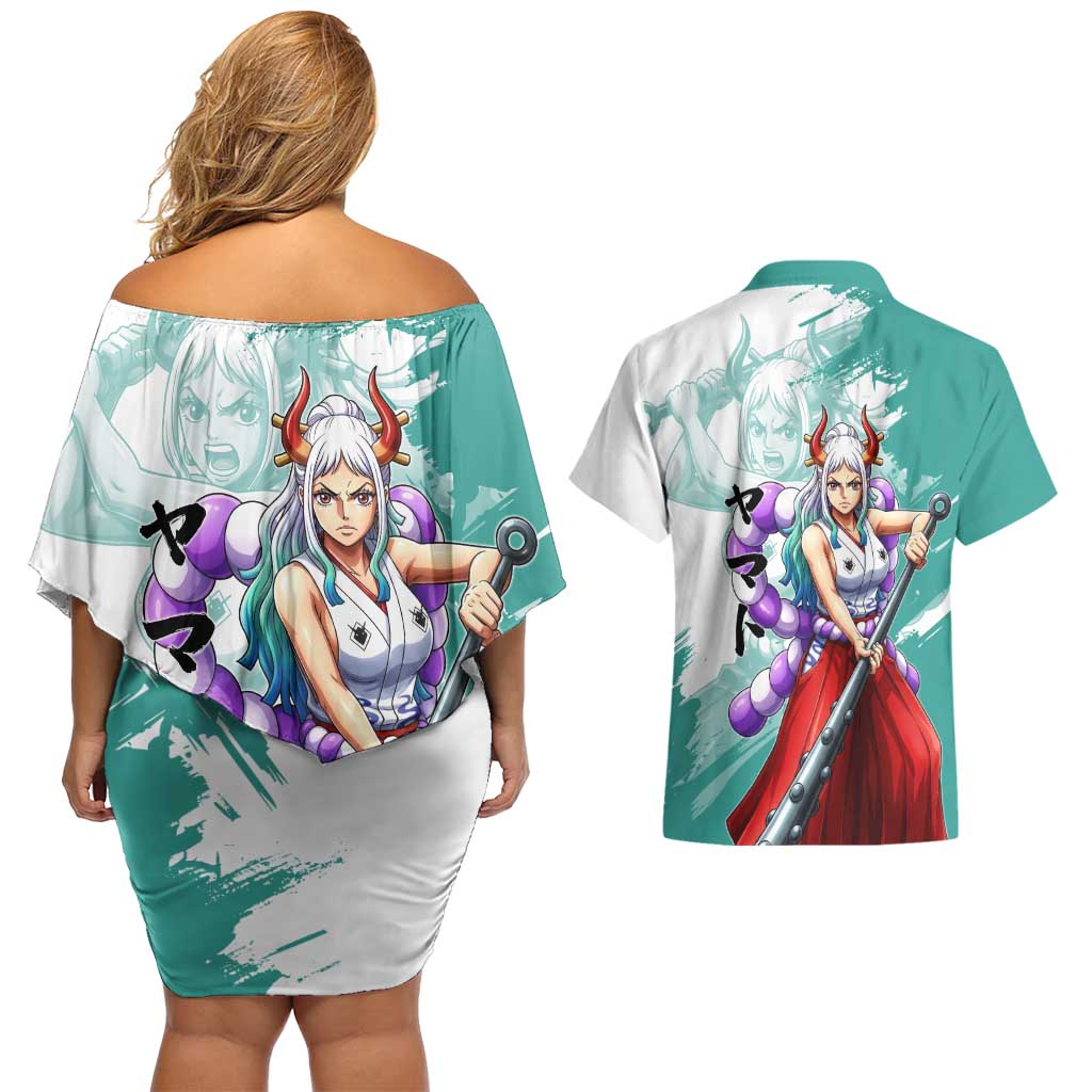 Yamato Oni Warrior One Piece Couples Matching Off Shoulder Short Dress and Hawaiian Shirt Japanese Anime Manga Graphic