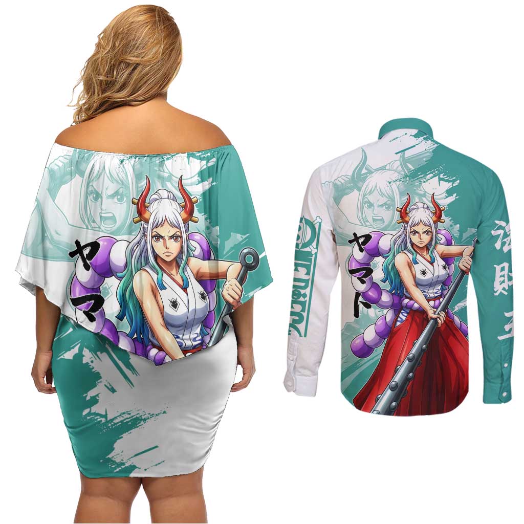 Yamato Oni Warrior One Piece Couples Matching Off Shoulder Short Dress and Long Sleeve Button Shirt Japanese Anime Manga Graphic